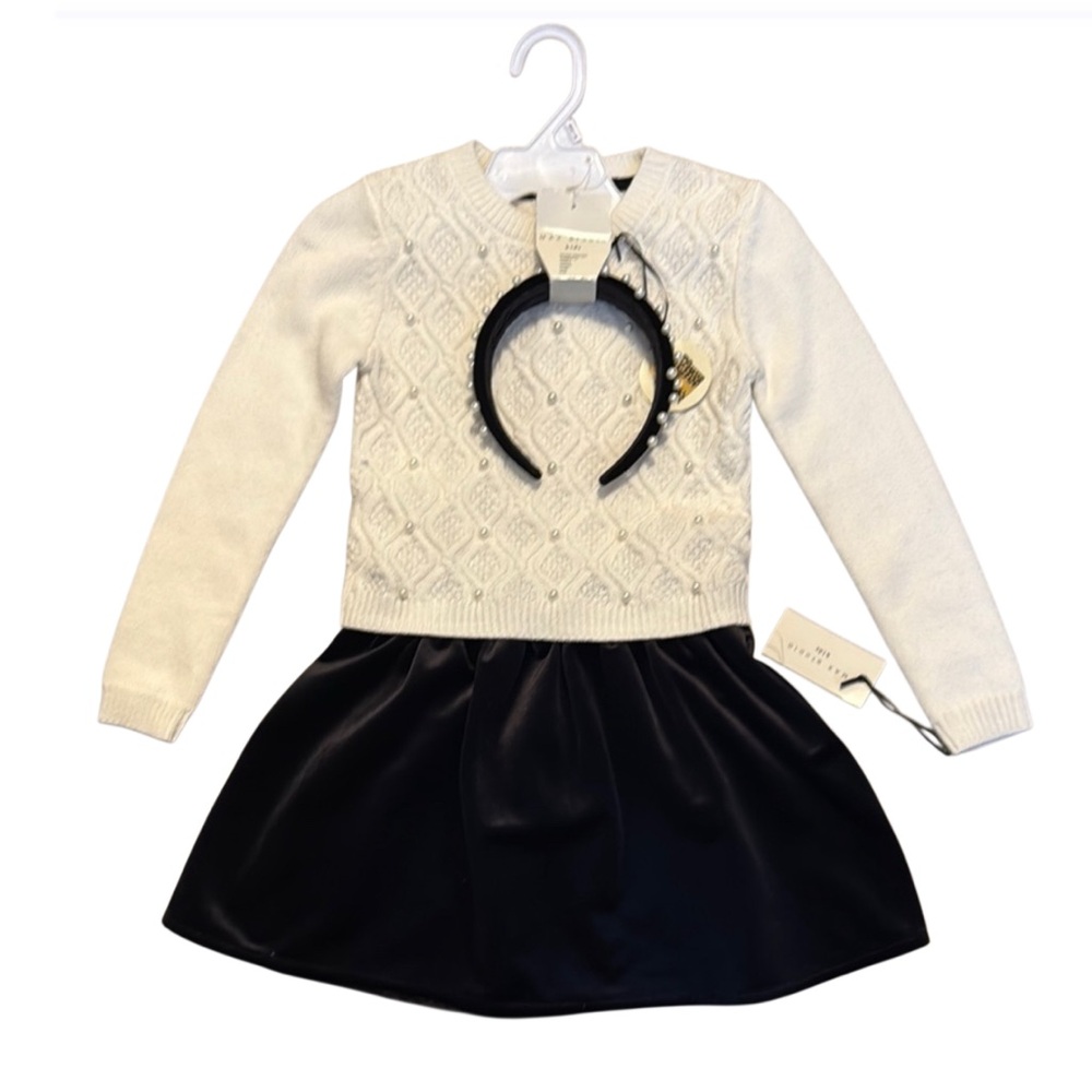 NWT MAX STUDIO 3 Piece Set- Off White Sweater, Velvet Skirt &  Headband Size 5/6